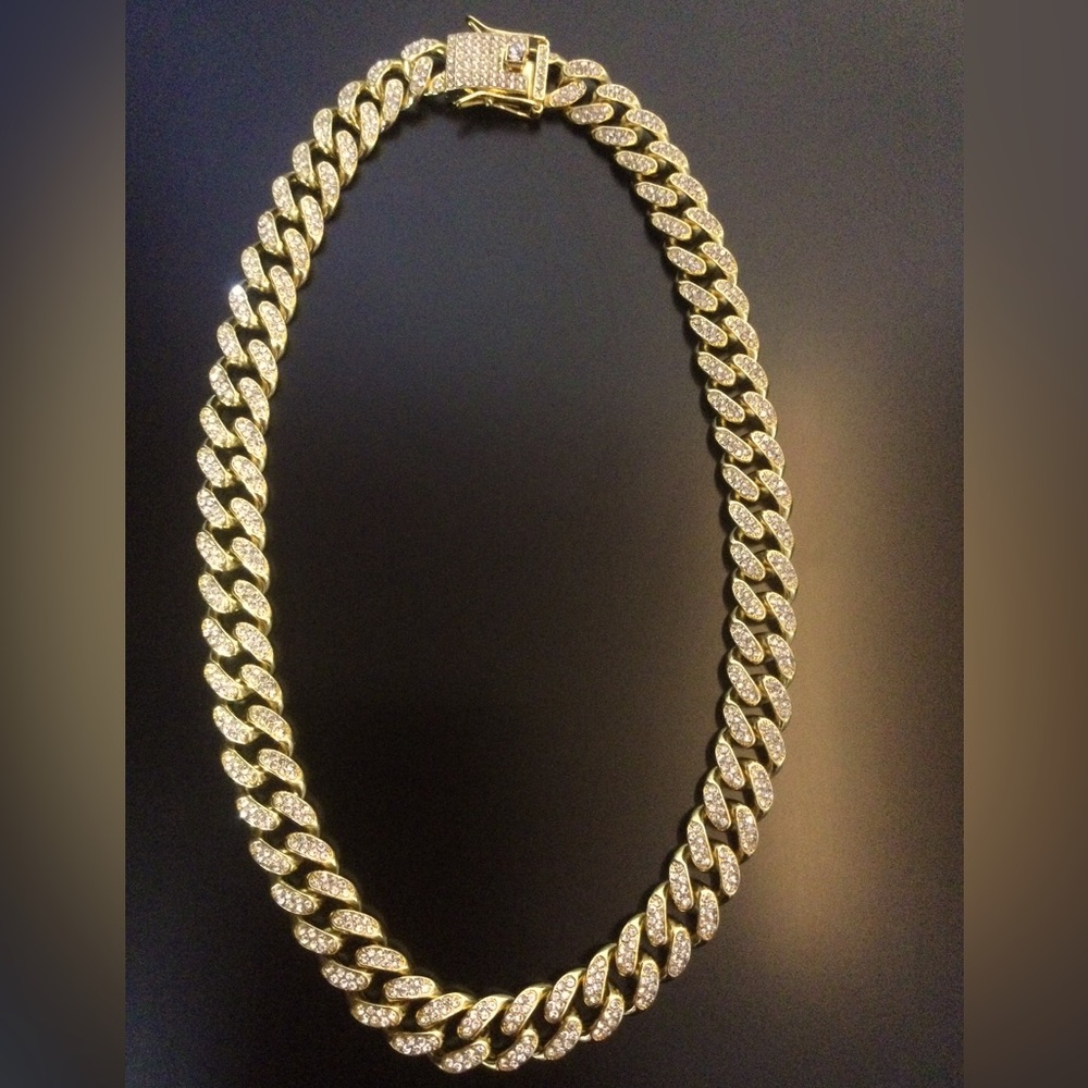 Gold tone cubic zirconia paved cuban link necklace